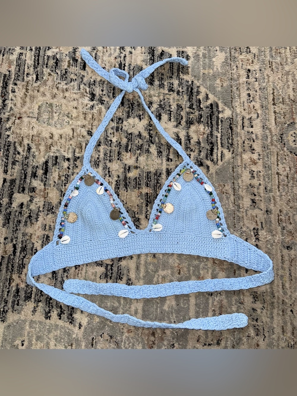 Andy Bagus Light Blue Crochet Halter Swim Top with Shell & Coin Accents Small